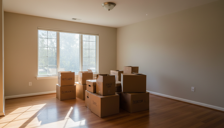 Eye-level view of moving boxes stacked in an empty living room with afternoon light.
