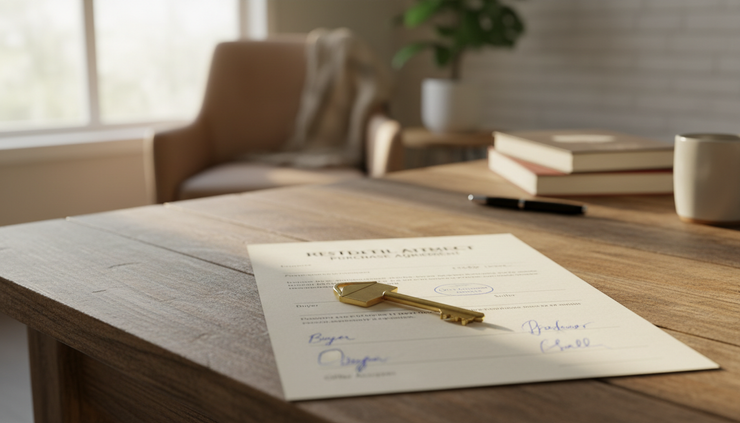 Eye-level view of a house key beside a signed purchase agreement on a kitchen table