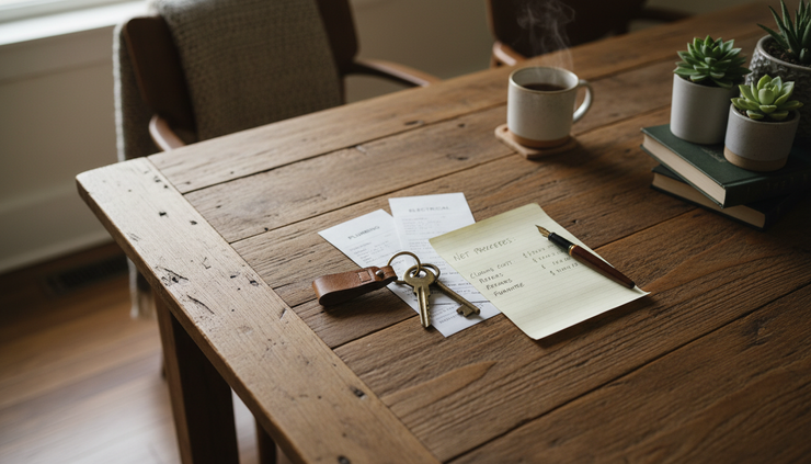 Overhead view of a dining table with house keys, receipts, and a handwritten net proceeds note