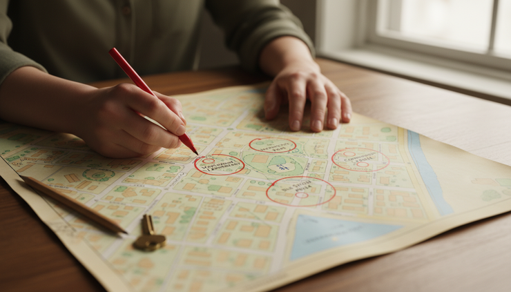 Close-up view of hands marking a neighborhood map near schools and parks