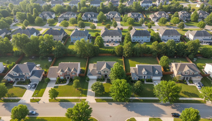 Overhead view of a residential neighborhood with varied home styles
