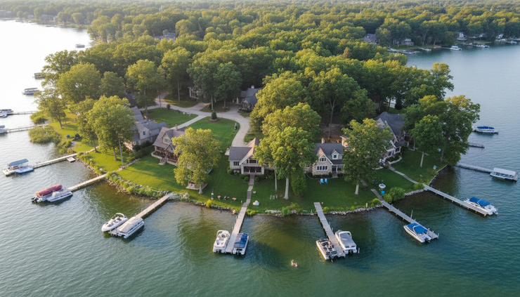 Aerial view of lakefront homes with docks along a wooded Indiana shoreline