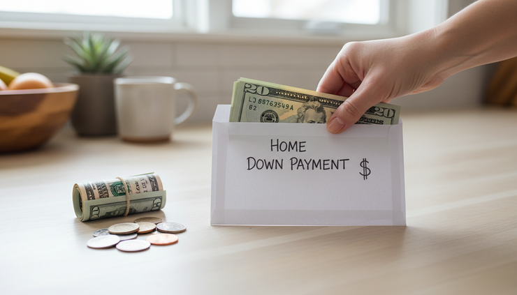 Close-up of a hand placing cash into a labeled home down payment envelope