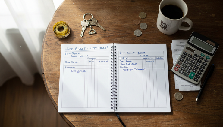 Overhead view of handwritten home budget notes beside keys and measuring tape