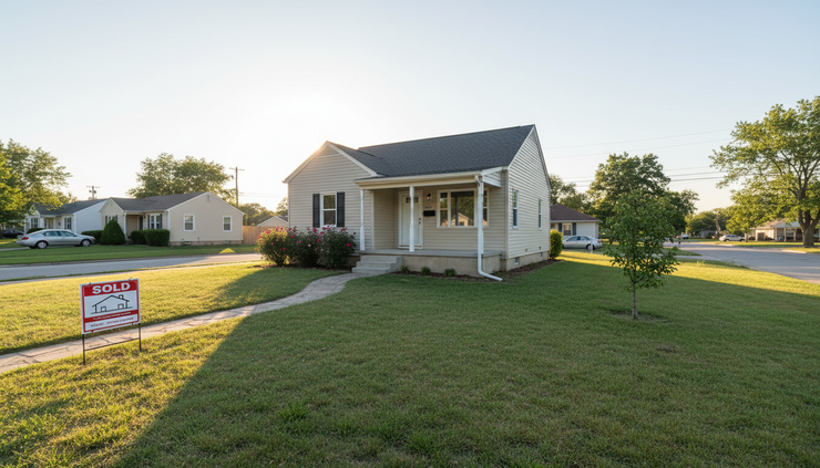 Wide-angle view of a modest home with a sold sign beside the walkway.