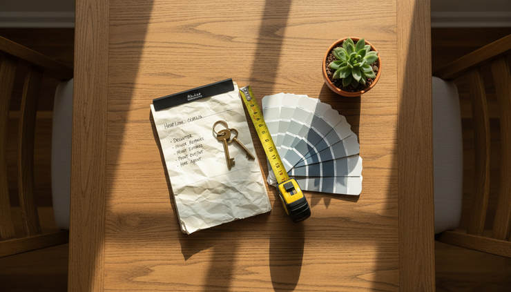 Overhead view of a dining table with house keys and a simple home checklist