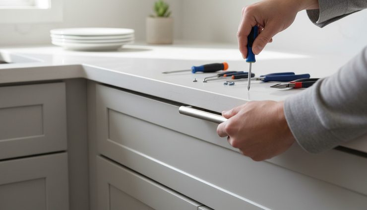 Close-up view of a hand tightening a cabinet handle in a clean kitchen.
