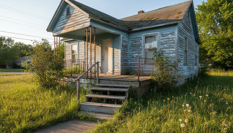Wide-angle view of an older single-family home with peeling paint and an overgrown front yard