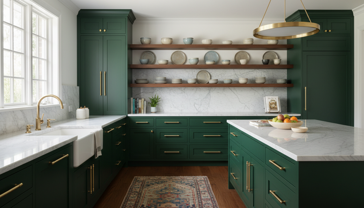 Eye-level view of a green kitchen with brass hardware and open wood shelving.