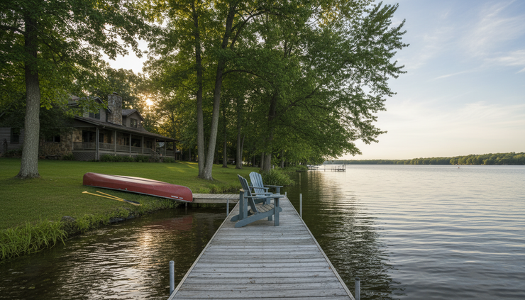 Wide-angle view of a family dock area on a quiet northeast Indiana lake