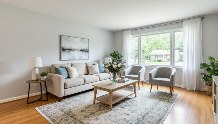 Wide-angle view of a tidy living room prepared for a home showing