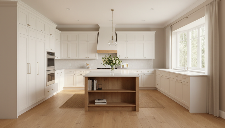 Wide-angle view of a clean staged kitchen with clear counters and warm natural light.