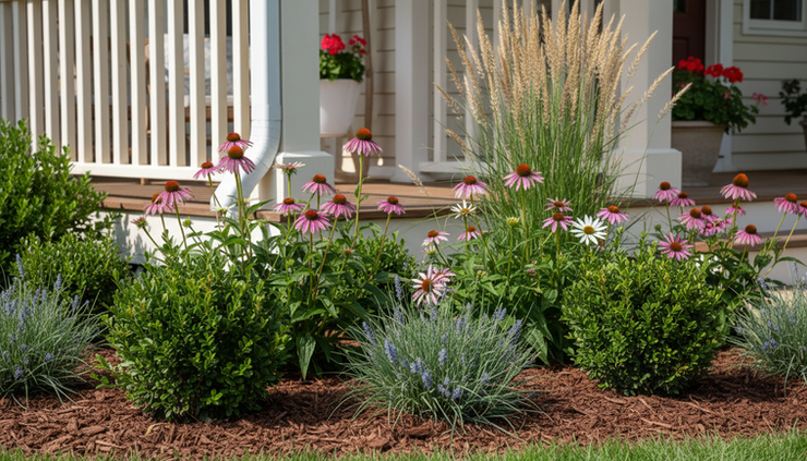 Close-up view of mixed shrubs, perennials, and ornamental grasses beside a front porch.