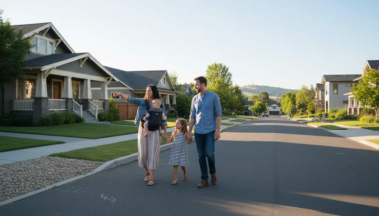 Eye-level view of a family looking at homes in a quiet residential neighborhood.