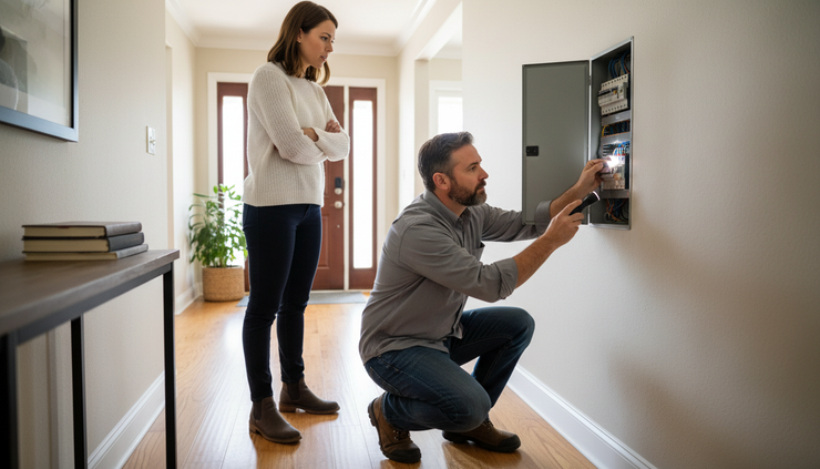 Wide-angle view of a home inspector checking an electrical panel in a hallway.