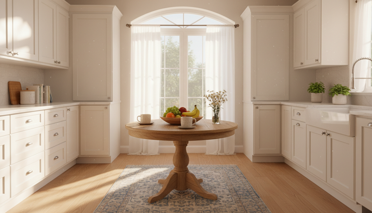 Eye-level view of sunlight entering a kitchen with clean counters and a breakfast table.