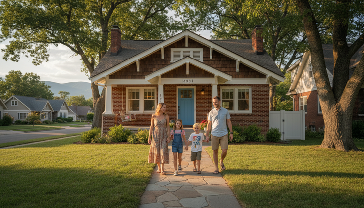 Eye-level view of a family walking up the path toward a small single-family home.