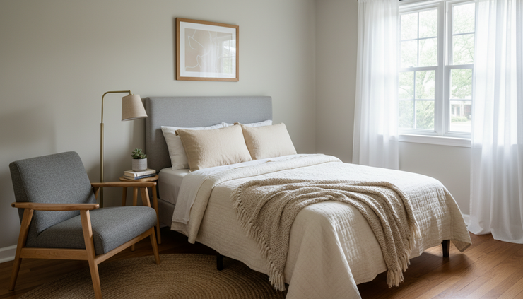 Eye-level view of a spare room staged with a bed and a small reading chair.