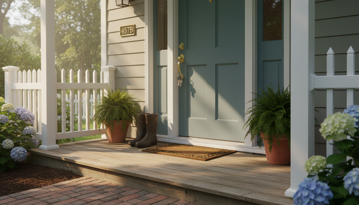 Eye-level view of a front door with house keys in the lock.