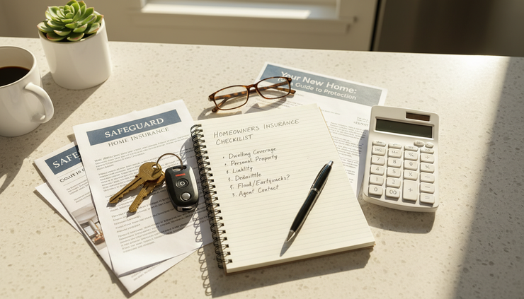 Overhead view of house keys, a calculator, and an insurance checklist on a kitchen counter