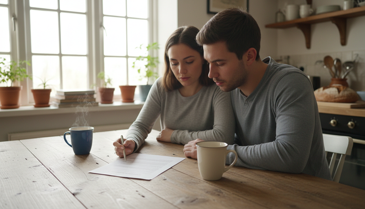 Eye-level view of a couple reviewing a home purchase contract at a kitchen table