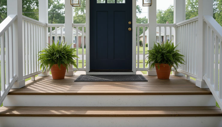 Wide-angle view of a tidy front porch with a clean doormat and potted plants