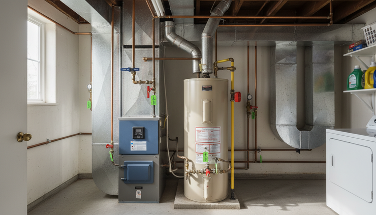 Eye-level view of an open utility area with a water heater and HVAC system.