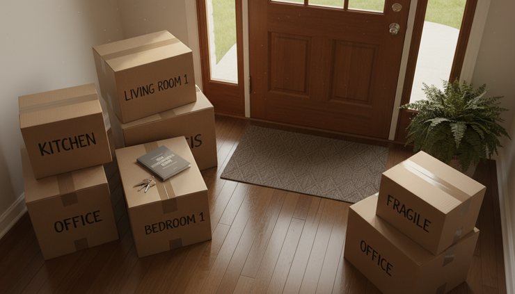 Overhead view of labeled moving boxes near a front door.