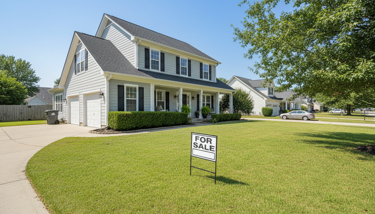 Wide-angle view of a quiet suburban home with a for sale sign in the front yard.