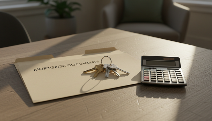 Eye-level view of house keys beside a mortgage folder on a kitchen table