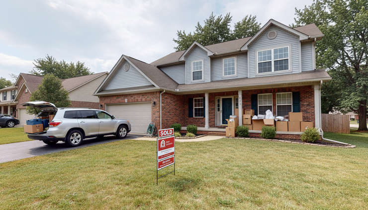 Wide-angle view of a suburban home with a sold sign and moving boxes on the porch