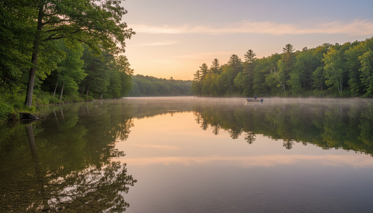Wide-angle view of a clear Indiana lake at sunrise with trees along the shore