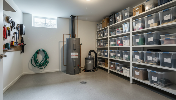 Wide-angle view of a basement utility room with a water heater and sump pump in a clean home