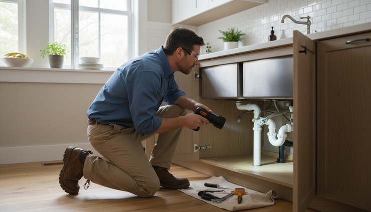 Wide-angle view of a home inspector checking a kitchen sink with a flashlight