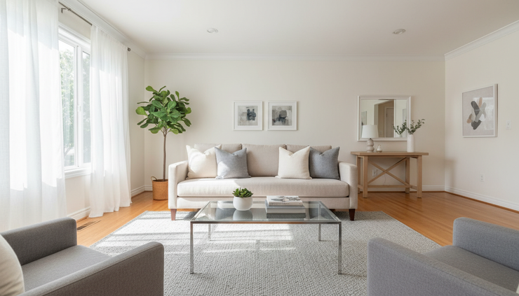 Wide-angle view of a tidy living room ready for a home showing