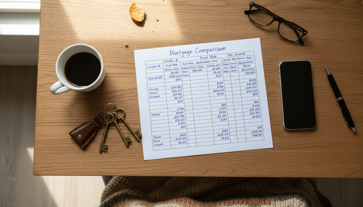Overhead view of a handwritten mortgage comparison chart beside house keys