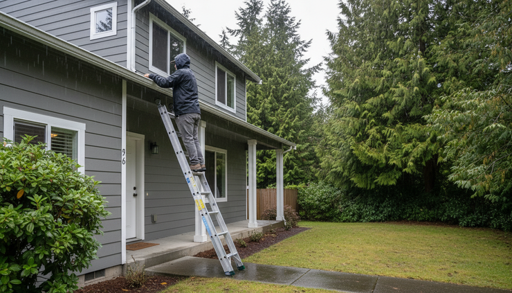 Eye-level view of a homeowner checking gutters on a rainy Pacific Northwest house.