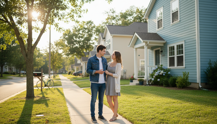 Eye-level view of a young couple looking at a small house from the sidewalk