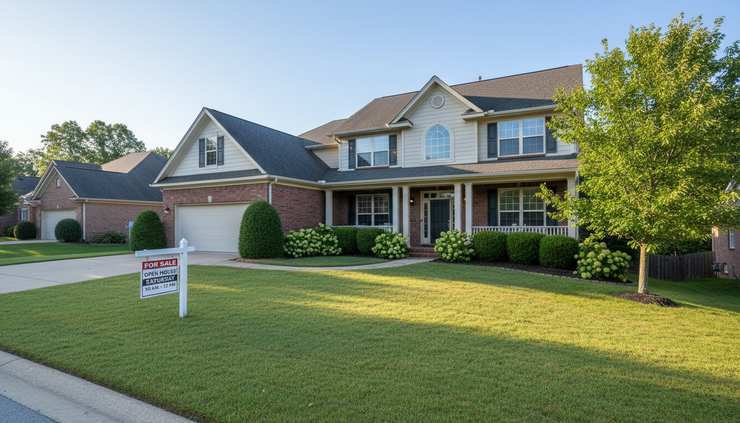 Wide-angle view of a suburban home with a for-sale sign near the front walkway.