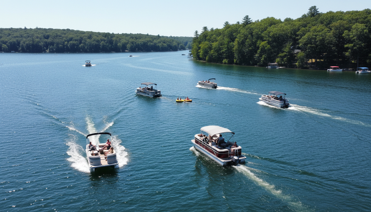 Wide-angle view of boats crossing Lake James on a sunny summer afternoon