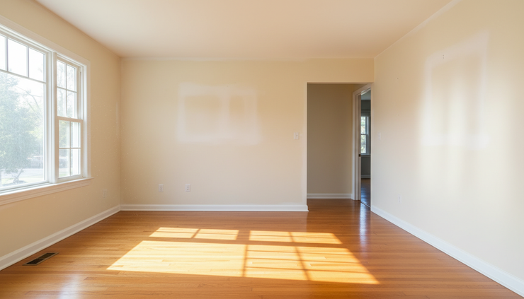 Medium shot view of a clean living room with repaired walls and bright natural light.
