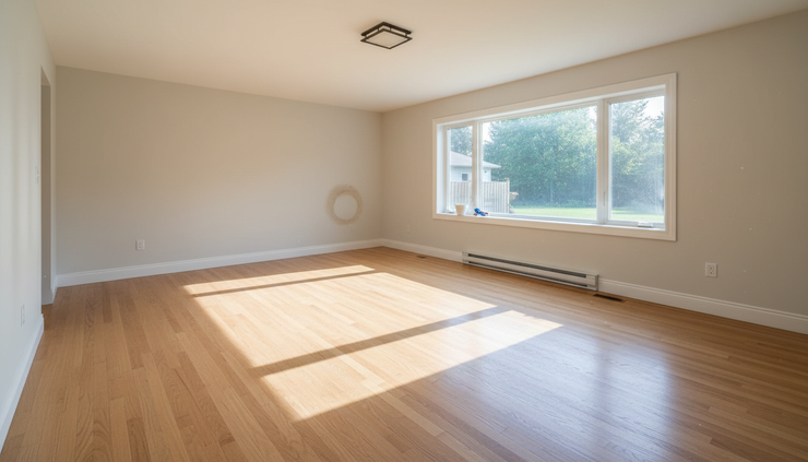 Wide-angle view of a bright empty living room ready for new owners.