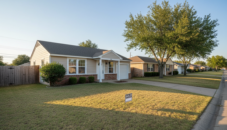 Wide-angle view of a small house with a sold sign in the front yard
