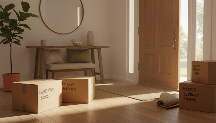 Wide-angle view of a cozy home entryway with packed moving boxes.