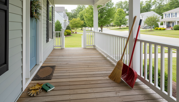 Wide-angle view of a tidy suburban home with seasonal tools on the porch