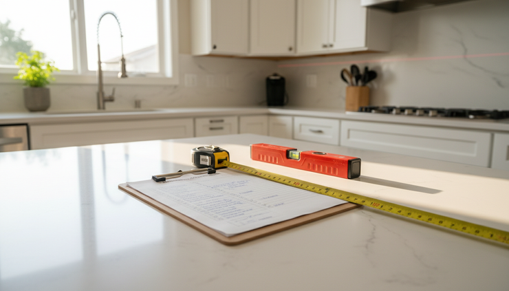 Eye-level view of a home inspection checklist resting on a kitchen counter
