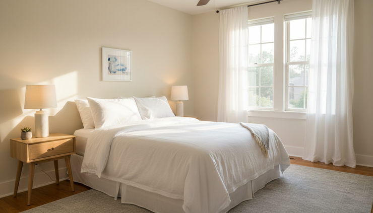 Eye-level view of a neatly made bedroom with soft light
