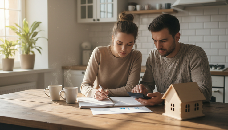 Eye-level view of a couple reviewing a home savings plan at a kitchen table
