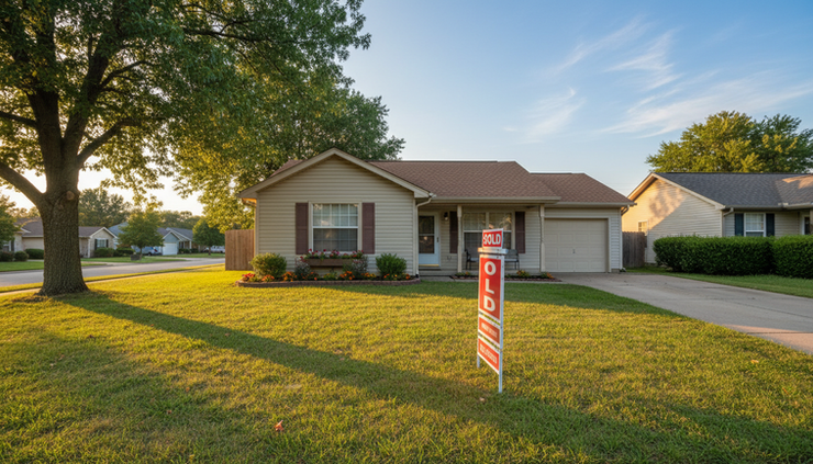 Wide-angle view of a small house with a sold sign in the front yard