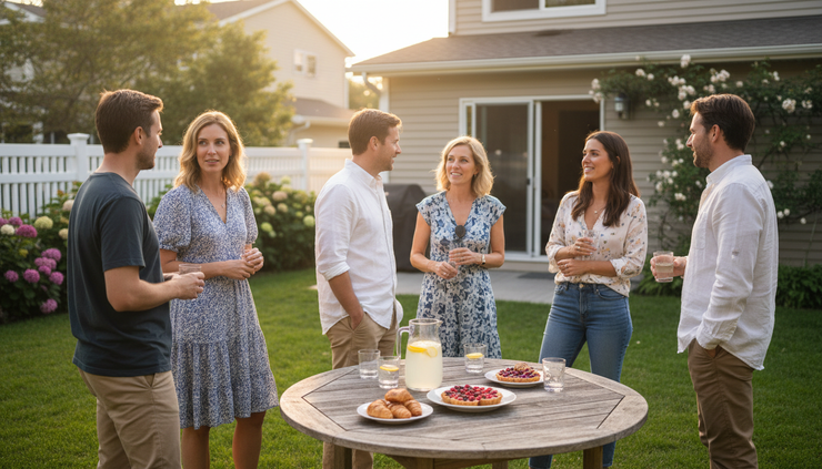 Eye-level view of a casual backyard open house gathering